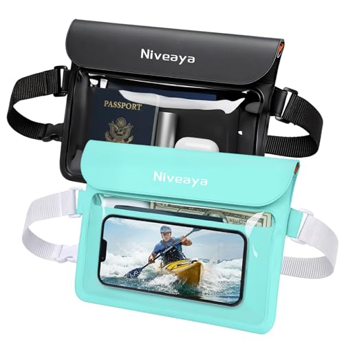 Niveaya IPX8 Waterproof Fanny Pack, Waterproof Pouch Dry Belt Bag for Beach, Kayaking, Swimming, Boat Travel Cruise Essentials, Waterproof Phone Bag Passport Holder for Women Men(2 Pack) - color: Black+Green