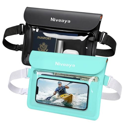 Niveaya IPX8 Waterproof Fanny Pack, Waterproof Pouch Dry Belt Bag for Beach, Kayaking, Swimming, Boat Travel Cruise Essentials, Waterproof Phone Bag Passport Holder for Women Men(2 Pack) - color: Black+Green