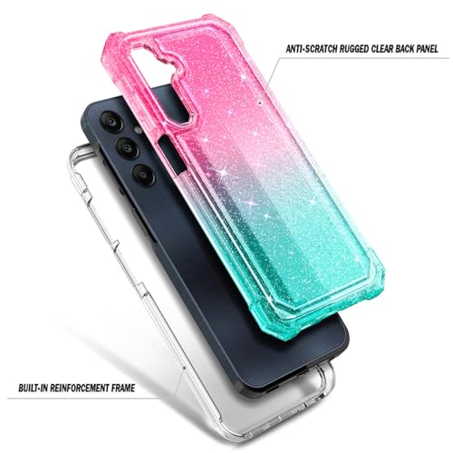 Compatible with Samsung Galaxy A15-5G Phone Case Glitter Pink/Aqua | Full-Body Protective Shockproof Bumper Cover with Tempered Glass Screen Protector, 12FT Military Grade Drop Tested - color: Glitter Pink/Aqua, size: Samsung Galaxy A15-5G