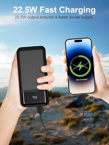 Portable Charger 20000mAh with Built-in Cables for iPhone/Android, 22.5W Fast Charging Power Bank, Lightweight External Battery Pack - color: Antique Black
