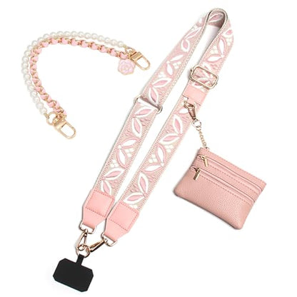 Phone Strap with Zippered Pouch, Clip and Go Strap for Phone with Wallet Crossbody, Adjustable Crossbody Phone Strap-1 - color: Leaves Pink
