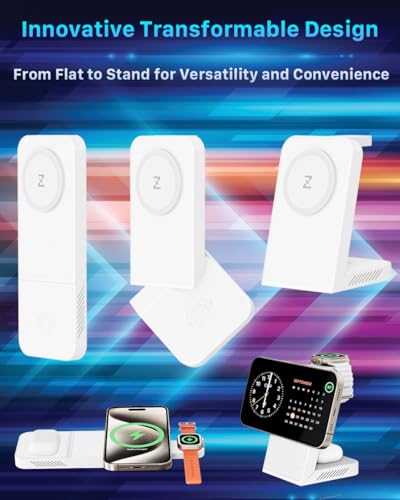 3-in-1 Fast Wireless Charging Station Multiple Devices, MagFree Transform 15W Magnetic Travel Charger Stand for iPhone 16/15/14/13/12, 5W Apple Watch Fast Charger, AirPods - 30W USB-C Charger Included