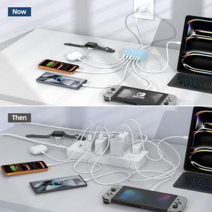100W 6 in 1 USB Charger, 50% Smaller Charging Station for Multiple Devices - color: Light Blue