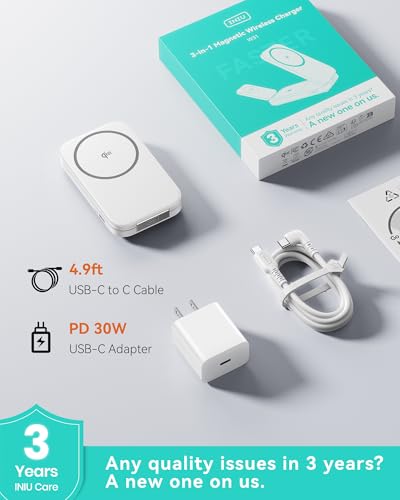 INIU 3 in 1 Foldable Wireless Charging Station, 15W Fast Mag-Safe Charger - color: White