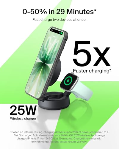 Belkin Qi2.2 25W Wireless 2 in 1 iPhone Charger, Fast Charging for Travel - color: Black, style: 2 in 1