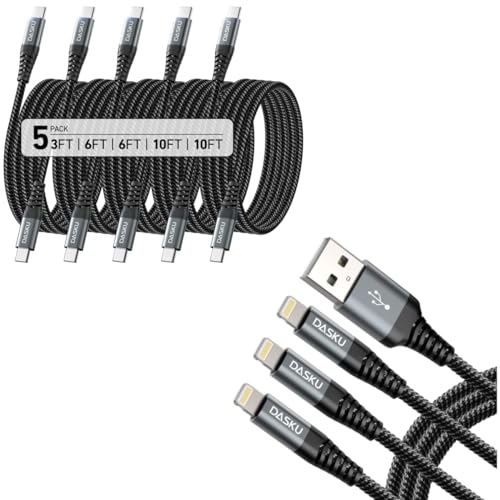 Dasku 5 Pack [3/6/6/10/10FT] USB C to USB C Charger Cable 60W + Lightning Cable 3ft 3Pack Nylon Braided Heavy Duty iPhone Charger Cord Black