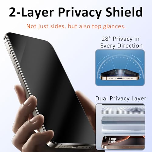 2 Pack for 360° iPhone 17 Pro Max Privacy Screen Protector, Fits iPhone 16 Pro Max, 4-Way Anti-Spy,2 Dust Free Trays, 9H Shatterproof,Full Coverage Sensitive Touch Tempered Glass - size: 17 Pro Max/16 Pro Max