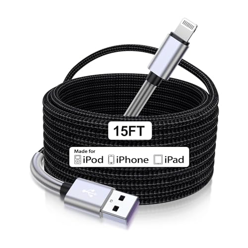 Cabepow 15 FT Extra Long iPhone Charger Cord,[Apple MFi Certified] Long Apple Lightning Cable 5M,2.4A Nylon Braided iPhone Fast Charging Cord for iPhone 14/14pro/13/12/11/11Pro/X/XS/XR/XS Max/8/7 - color: Silver, size: 15 FT-1Pack