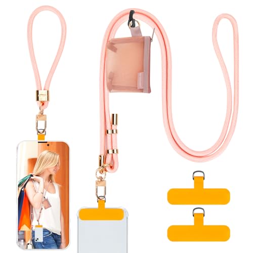 HOTEMIA Phone Lanyard and Wrist Straps, Adjustable Cell Phone Lanyard Crossbody with Detachable Wallet, 8mm Thick iPhone Lanyard for Around the Neck(Pink+Wallet) - color: Pink+wallet