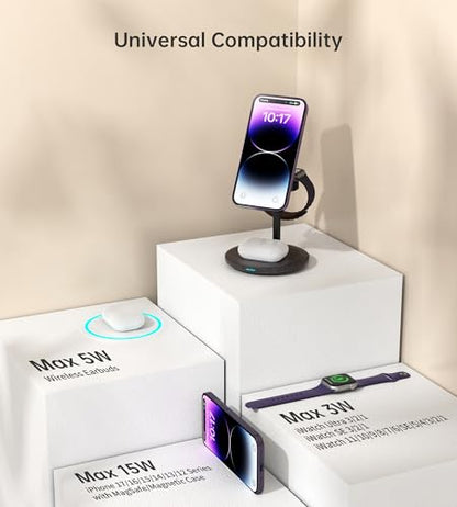 3 in 1 Magnetic Wireless Charging Station for Apple Devices,15W for Magsafe - color: Black Woodgrain