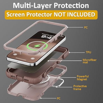 Follaroma for iPhone 17 Pro Max Case with Stand,Built-in Camera Cover,Compatible with MagSafe,Heavy Duty Shockproof Protection Phone Case,Anti-Drop,Magnetic Dual Layer Protective Cover,6.9"Light Brown - color: Brown Pink, size: iPhone 17 Pro Max 6.9''