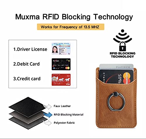 Card Holder Sleeve with Ring, RFID Credit Wallet Synthetic Leather Stick On Back Grip for iPhone Samsung Smartphone - Brown - color: Cow Brown