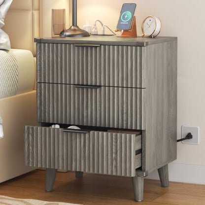 Wood Nightstands Set of 2 w/Charging Station, 3 Drawers Fluted Dresser - color: Dark Grey, size: 3 Drawers-Set of 2 Nightstand