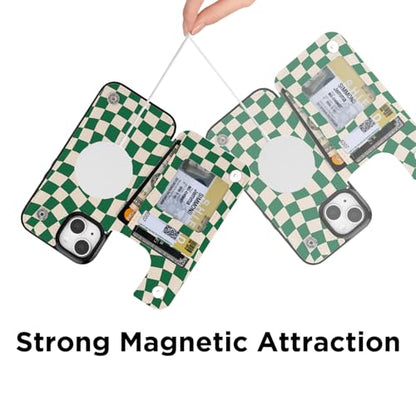 uCOLOR for iPhone 13/14 Wallet Case Magsafe with Card Holder Slot | Compatible with MagSafe,Folio Flip PU Leather Magnetic RFID Design with Camera Lens Protector Green Checkered - color: Green Checkered