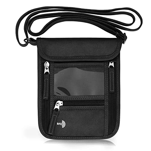WALNEW Passport Holder Neck Pouch Travel Wallet for Women and Men, RFID Blocking Security Slim Traveling Wallet with Around Neck Lanyard Strap, Black - color: Black