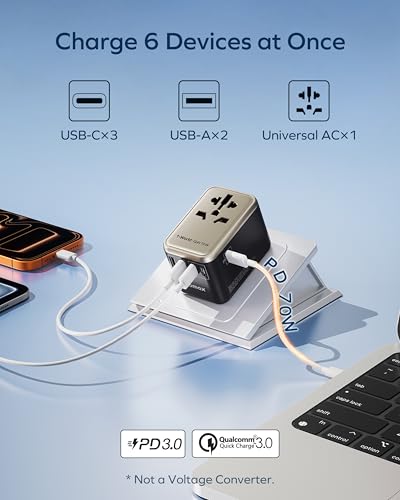 MOMAX 70W GaN Universal Travel Adapter, All-in-One Travel Charging - color: Gold, size: 70W