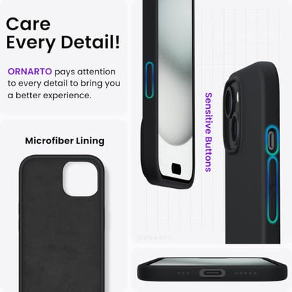 ORNARTO Compatible with iPhone 15 Case 6.1, Slim Liquid Silicone 3 Layers Full Covered Soft Gel Rubber Phone Case, Anti-Scratch Shockproof Protective Cover 6.1 Inch, Black | Slim - color: Black