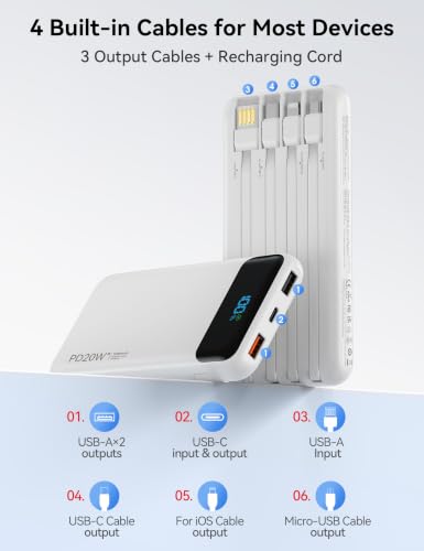 Nusyddy Portable Charger 10000mAh with 4 Built-in Cables & 6 Outputs White - color: White