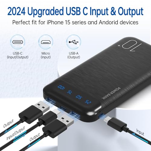 YOBON Power Bank 10000mAh Portable Charger Slim Battery Pack with 2 USB 2.4A Outputs and USB C in/Out Compatible with Huawei iPhone 16 15 14 13 12 iPad Samsung Galaxy S20 Android Tablet - color: Dark Black