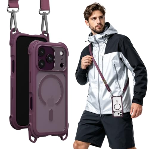 MAGEASY Odyssey MagSafe Crossbody iPhone Case with Strap for iPhone 18 Pro & 17 Pro, 20ft Drop Protection, TPU Leather Shoulder Phone Carrying Case with Adjustable Lanyard (Purple) - color: Purple, size: iPhone 18 Pro