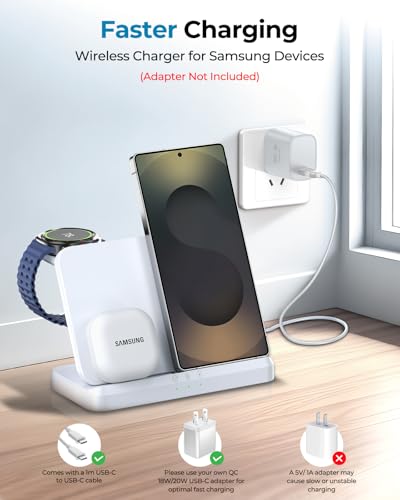 3 in 1 Wireless Charger Station for Galaxy S26 Ultra S25 S24, Foldable - color: Samsung White