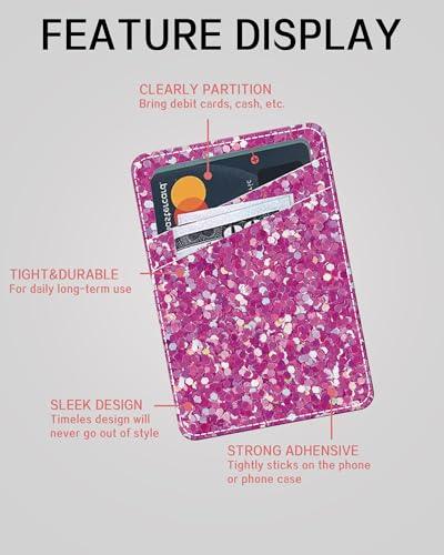 Phone Card Holder, Dual Pocket Leather Phone Wallet Adhesive Stick On, Cute Card Holder, Credit Card Holder for Phone Case Pink Sparkles - color: Pink Sparkles