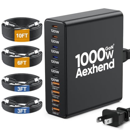 1000W USB C Charging Station with 240W USB C Cables - color: Black