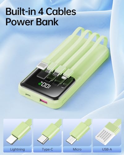 Portable Charger with Built in Cable 20000mAh Fast Charging - color: Green