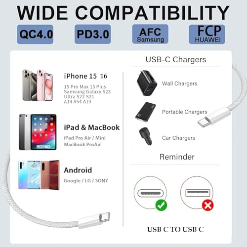 USB C to USBC Fast Charging Cable for Apple 10ft,2Pack Extra Long - color: Silver