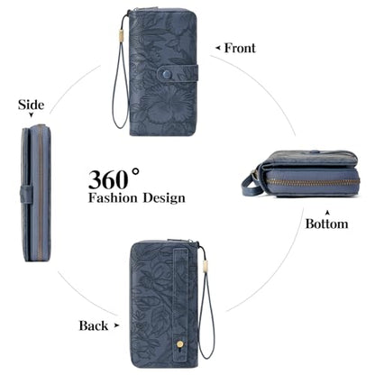 SENDEFN Women's Credit Card Holder RFID Blocking Zip Around Leather Wallet Large Capacity Long Purse with Wristlet - color: Deep Blue