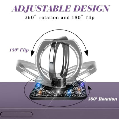 Bling Crystal Rhinestone Cell Phone Ring Holder Grip，360°Rotation Metal Finger Cute Glitter Stand Kickstand Universal Compatible with iPhone Samsung Galaxy LG Google iPad （Black Square） - color: black square