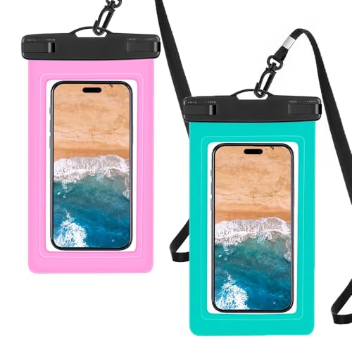 Universal Waterproof Phone Case Pouch with Neck Strap, 2-Pack, Black & White (Pink&Green) - color: Pink&Green