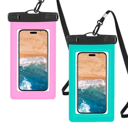 Universal Waterproof Phone Case Pouch with Neck Strap, 2-Pack, Black & White (Pink&Green) - color: Pink&Green