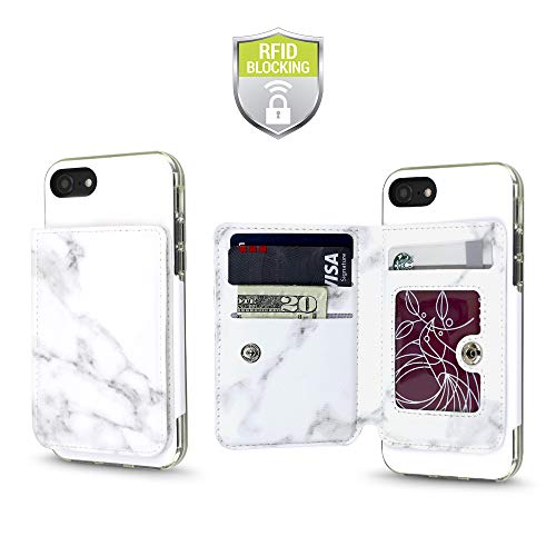 Gear Beast Cell Phone Wallet for Back of Phone, Stick On Wallet Credit Card ID Holder with RFID Protection Compatible with iPhone, Galaxy & Most Smartphones and Cases White Marble