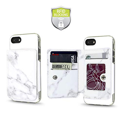 Gear Beast Cell Phone Wallet for Back of Phone, Stick On Wallet Credit Card ID Holder with RFID Protection Compatible with iPhone, Galaxy & Most Smartphones and Cases White Marble