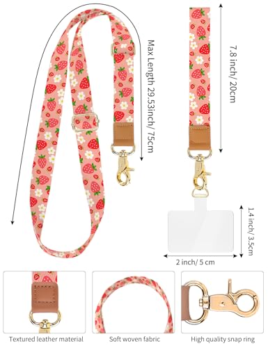 Phone Lanyard Crossbody Strap, Adjustable Neck Strap and Wristlet Strap for Phone Wallet ID Badge with 2 Phone Tabs - color: Strawberry Flower