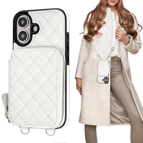 Bocasal Crossbody Wallet Case Card Holder for iPhone 16, White | RFID Blocking PU Leather Zipper Handbag Purse, Kickstand Flip Folio Case with Card Slots Holder Wrist Strap Lanyard 6.1 Inch - color: White