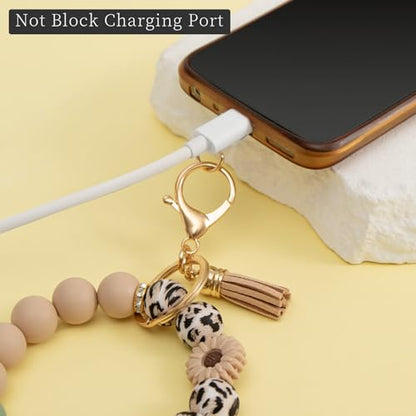 Silicone Beaded Phone Wrist Strap, Phone Wristlet Strap with Tether Tab, Elastic Hands-Free Daisy Wristlet Bracelet(Leopard) - color: Daisy Leopard
