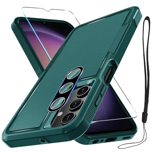 Case for Samsung Galaxy A15 5G, Full Body Heavy Duty Rugged Shockproof Protective Phone Cover with Lanyard Strap, Tempered Glass Screen Protector and Camera Lens Cover, Dark Green | Rugged Shockproof Protective Phone Case with Lanyard Strap,Tempered Glass