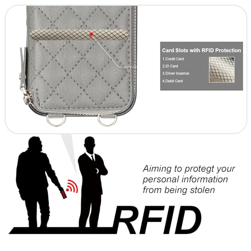 Bocasal Crossbody Wallet Case Card Holder for iPhone 17, Grey | RFID Blocking PU Leather Zipper Handbag Purse, Kickstand Flip Folio Case with Card Slots Holder Wrist Strap Lanyard 6.3 Inch - color: Gray