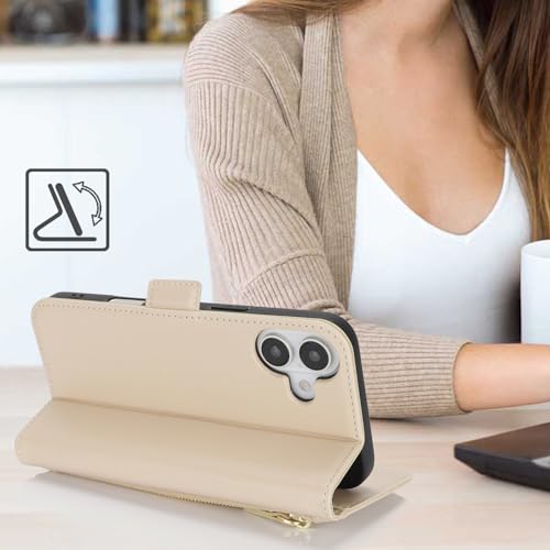 Ｈａｖａｙａ for iPhone 16 case Wallet with Card Holder Zipper for Women Men PU Leather Flip Folio Credit Card Slots Stand Shockproof Phone Cover(6.1")-Beige - color: Beige-A