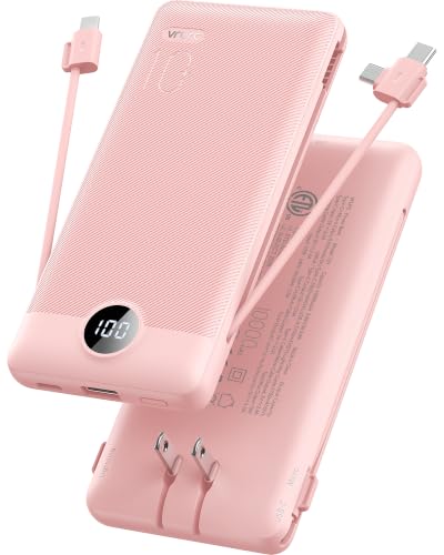 VRURC Portable Charger, Power Bank Built-in Cables and AC Wall Plug - color: Pink
