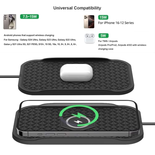 Wireless Car Charger,Fast Wireless No-Slip Charging Pad for car Cell Phone Cordless Charger mat Samsung Galaxy S24/S23/S22/S21, Android Phones, iPhone 16/15/14/13/12 Series,Airpod (Black)