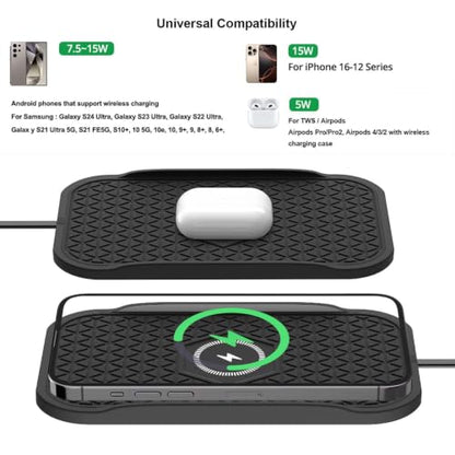 Wireless Car Charger,Fast Wireless No-Slip Charging Pad for car Cell Phone Cordless Charger mat Samsung Galaxy S24/S23/S22/S21, Android Phones, iPhone 16/15/14/13/12 Series,Airpod (Black)