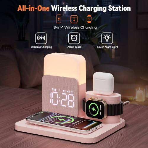 7 in 1 Wireless Charging Station, 25W Charger with Alarm Clock Night Light - color: Pink