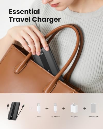 Portable Charger with Wall Plug, Fast Charging Power Bank Built-in Cables, Slim 10500mAh 22.5W 4 Outputs 3 Inputs LED Display External Battery Pack Compatible with iPhone/Android (Black) - color: Black