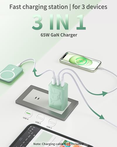 65W GaN Fast Charger Block,3-Port USB C Wall Charger,Compact Foldable Design, Compatible with iPhone 16/15 Series,Galaxy S25/S24 Ultra(Green) - color: 7Green Orca