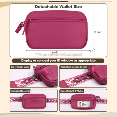 YFWE Clip and Go Phone Strap with Crossbody Wallet, Adjustable Phone Lanyard with Detachable RFID Wristlet Wallet, Anti-Theft Leather Purse with ID Window for Travel Essentials (Rose Red) - color: Rose Red