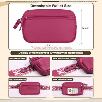 YFWE Clip and Go Phone Strap with Crossbody Wallet, Adjustable Phone Lanyard with Detachable RFID Wristlet Wallet, Anti-Theft Leather Purse with ID Window for Travel Essentials (Rose Red) - color: Rose Red