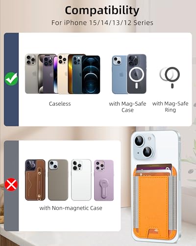 HiWe for MagSafe Wallet, 7 Cards Holder for Phone Case, RFID Blocking - color: Orange Wallet - Grey Band